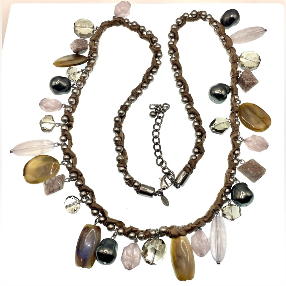 Chico's Silver Tone Long Stone Bead Pearl Ribbon Necklace Signed Dangling Gems